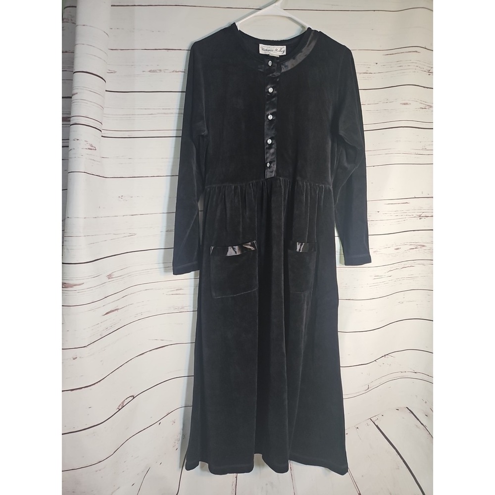 VTG 90s Victoria Holley Midi ‎ Velvet Dress Wmns Small Black Pleated Cottagecore